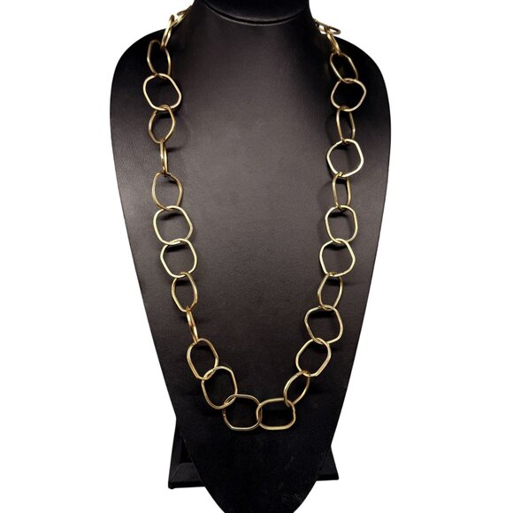 Square Geometric Link Chain Long Necklace Gold Tone Classic Timeless - Picture 1 of 4